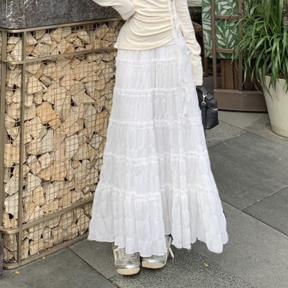 High Lace Plain Long-Sleeve Maxi Rise Ruched A-Line / Trim Asymmetrical One-Shoulder Skirt Tee