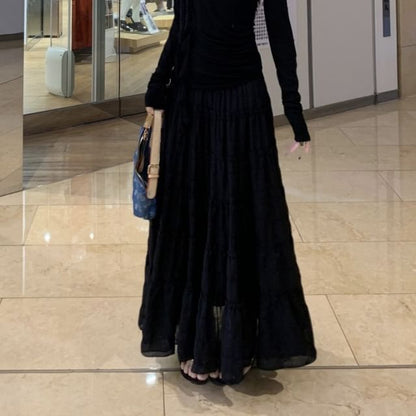 High Lace Plain Long-Sleeve Maxi Rise Ruched A-Line / Trim Asymmetrical One-Shoulder Skirt Tee