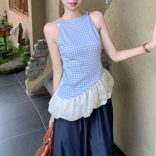 Top Jeans Cami Panel Washed High Leg Waist Wide Plaid Asymmetrical /