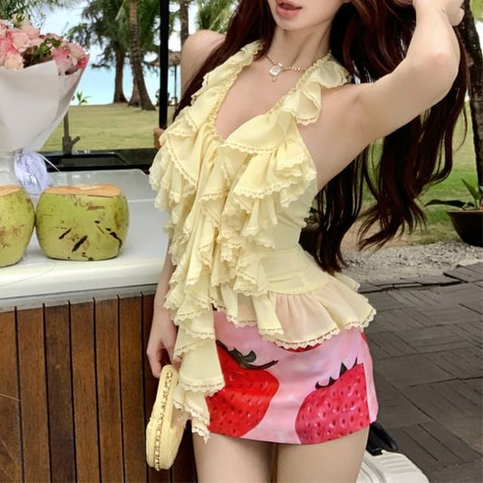 Ruffle Top Print Strawberry Pencil Skirt High Plain / Waist Halter Mini