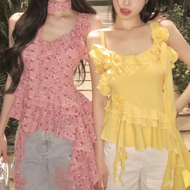 Floral Ruffle Top Cami Plain Asymmetrical Detail