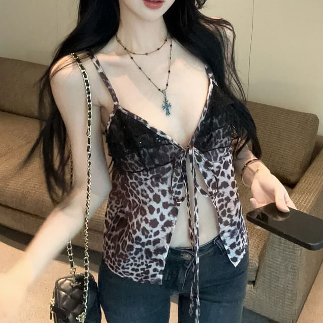 Cami Print Panel V-Neck Tie-Up Ruffle Slit Leopard Top