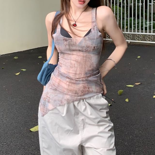 Tank Bra Top Sheer Square Denim Plain / Print Neck Asymmetrical