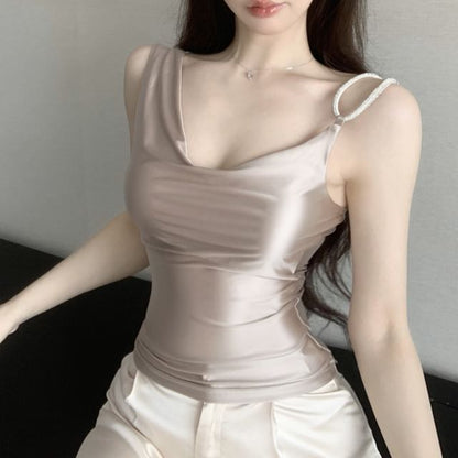 Neck Cowl Camisole Plain Asymmetrical Top