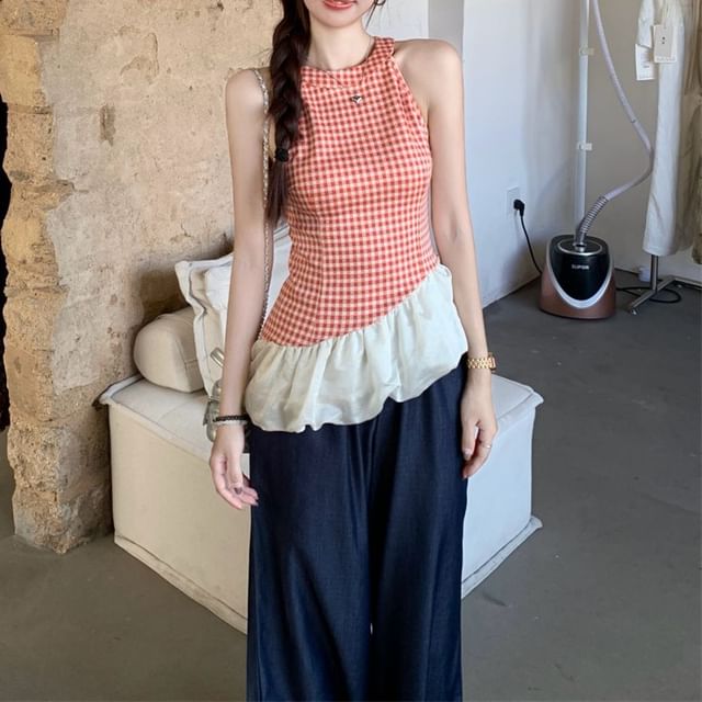 Top Jeans Cami Panel Washed High Leg Waist Wide Plaid Asymmetrical /