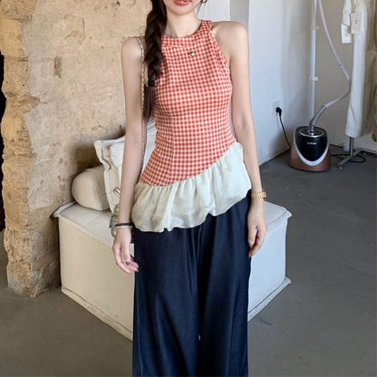 Top Jeans Cami Panel Washed High Leg Waist Wide Plaid Asymmetrical /