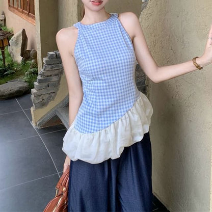 Top Jeans Cami Panel Washed High Leg Waist Wide Plaid Asymmetrical /