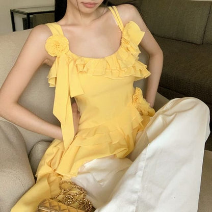 Floral Ruffle Top Cami Plain Asymmetrical Detail