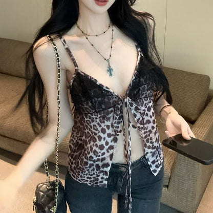 Cami Print Panel V-Neck Tie-Up Ruffle Slit Leopard Top