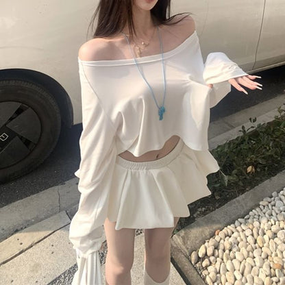 Mini Shoulder Skirt Off Plain A-Line Long-Sleeve Crop T-Shirt /