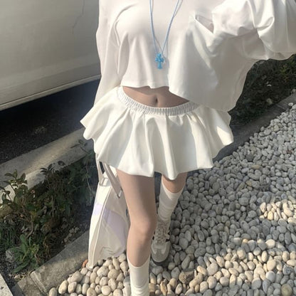 Mini Shoulder Skirt Off Plain A-Line Long-Sleeve Crop T-Shirt /