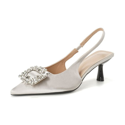 Pointy Plain Heel High Slingback Rhinestone Sandals