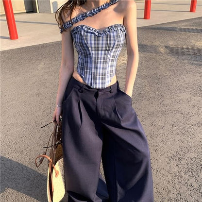 Plain Pants Wide / Leg Frill Tube Rise Mid Plaid Top Bustier Suit
