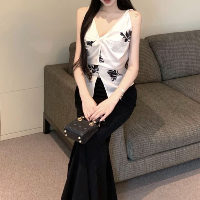 Top Pencil Slit Skirt High Print / Rise Plain V-Neck Floral Maxi Cami