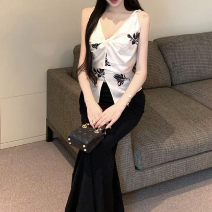 Top Pencil Slit Skirt High Print / Rise Plain V-Neck Floral Maxi Cami