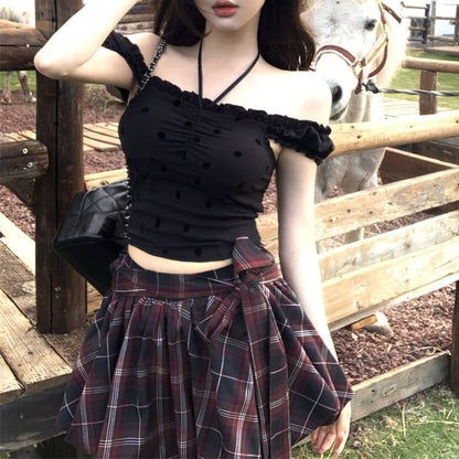 A-Line High Rise Balloon / Mini Plaid Frill Top Cami Dotted Skirt