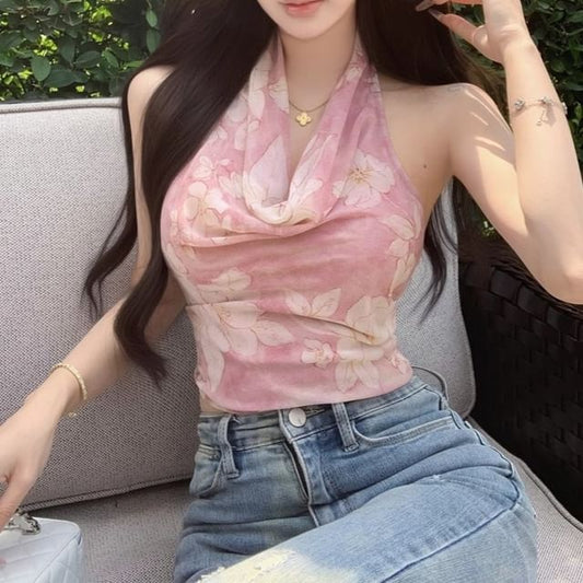 Top Halter Neck Print Cowl Floral