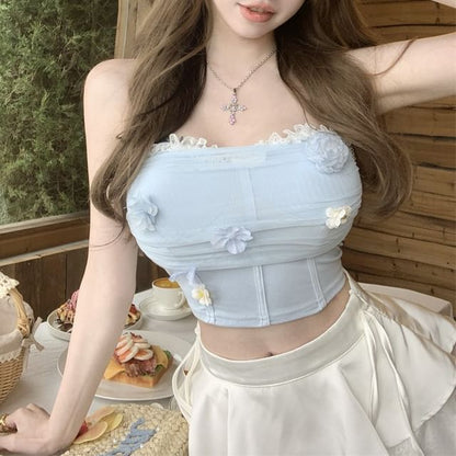 Ruched Lace Top Panel Mesh Tube Trim Crop Floral Applique