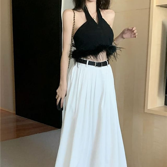Halter Pleated Top Waist / Maxi Crop A-Line Feather High Skirt Trim Plain