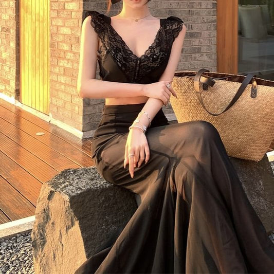 Panel Top / Waist Skirt High Sleeveless Plain Fishtail Lace Maxi V-Neck Crop