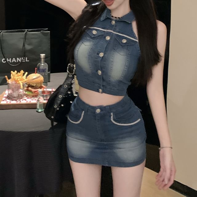 Crop Washed Collared Pencil Button Vest Skirt Mini High Denim Waist /