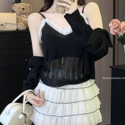 Cardigan Lace Round Trim Neck Set: + V-Neck Knit Camisole Top Plain