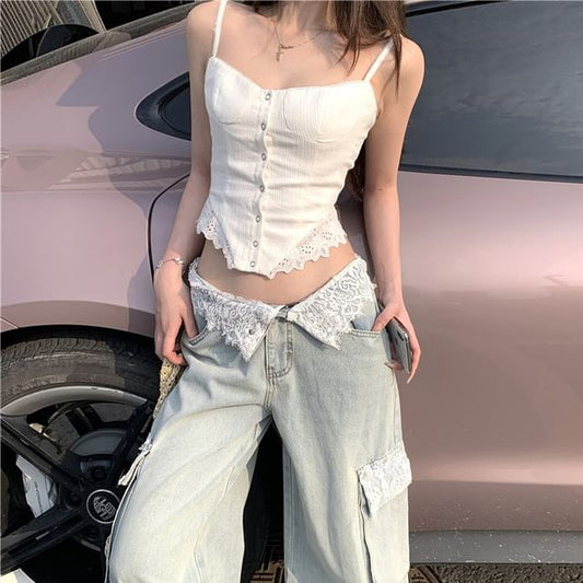 Plain Lace Jeans Button / Mid Washed Wide Top Leg Cami Waist Cargo Panel