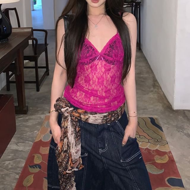 Camisole Plain Bow Top Lace V-Neck