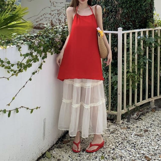 Mini Mesh / High Plain Maxi A-Line Halter Skirt Dress Rise Tiered