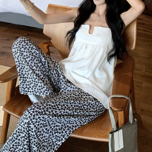 High Floral Notch Neck Plain Top Leg Waist Wide Camisole Pants / Print