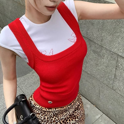 Tee Rise Round Print Mini Dog Tank Pencil Skirt Low Knit Top Cap Sleeve Plain / Leopard Neck Square