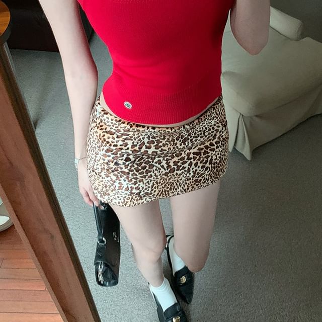 Tee Rise Round Print Mini Dog Tank Pencil Skirt Low Knit Top Cap Sleeve Plain / Leopard Neck Square