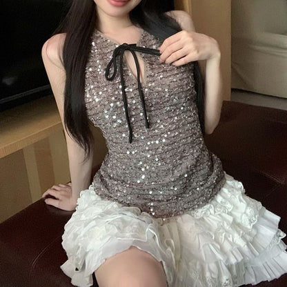 Tie Neck Sleeveless Top Sequin