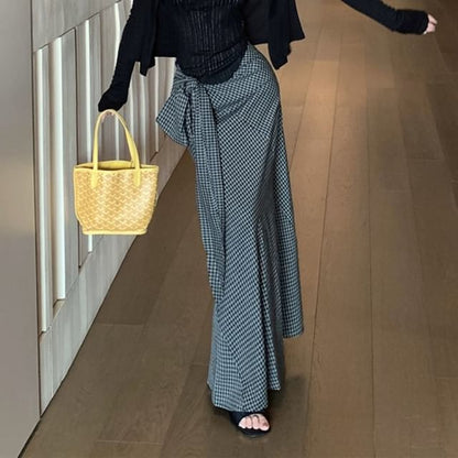 Plaid Pencil / Pinstriped Cardigan Tank Maxi High Scoop Neck Tie-Up Plain Skirt Panel Top Waist Lace