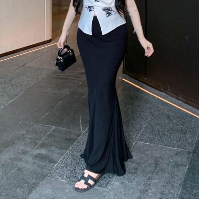 Top Pencil Slit Skirt High Print / Rise Plain V-Neck Floral Maxi Cami