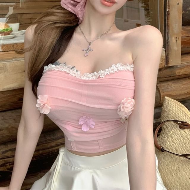 Ruched Lace Top Panel Mesh Tube Trim Crop Floral Applique