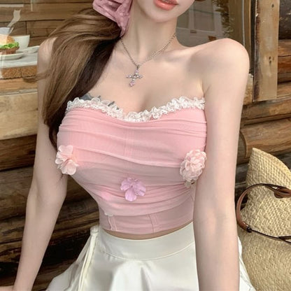 Ruched Lace Top Panel Mesh Tube Trim Crop Floral Applique