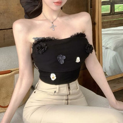 Ruched Lace Top Panel Mesh Tube Trim Crop Floral Applique