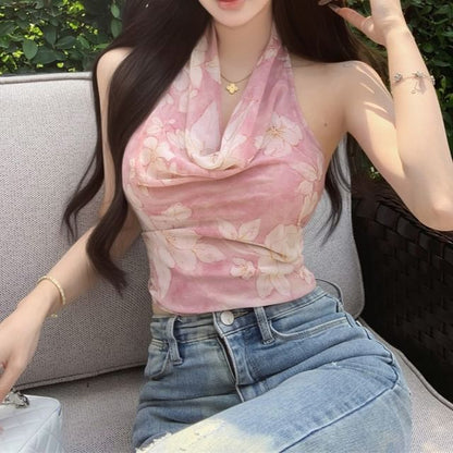 Neck Striped Top Halter Cowl