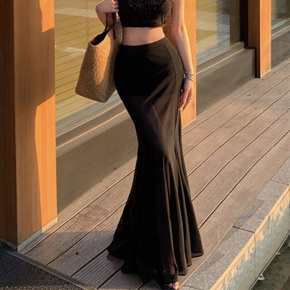 Panel Top / Waist Skirt High Sleeveless Plain Fishtail Lace Maxi V-Neck Crop