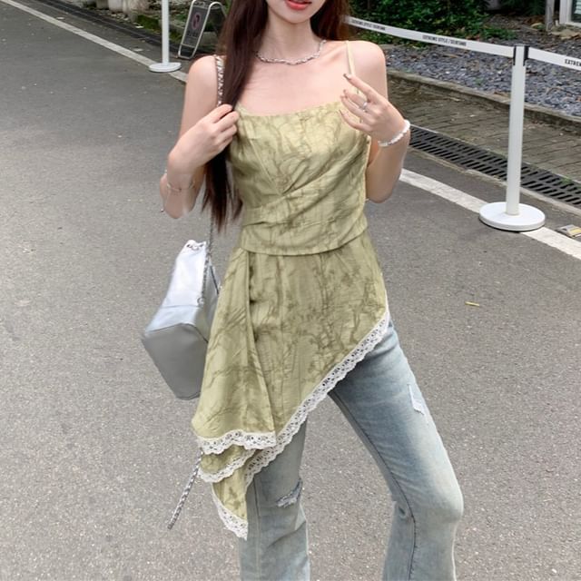 Asymmetrical Print Trim Patterned Top Lace Camisole