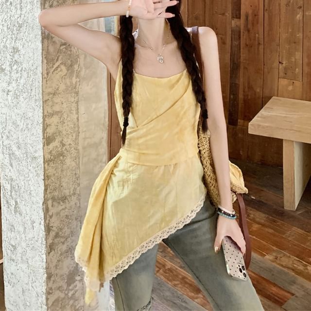 Asymmetrical Print Trim Patterned Top Lace Camisole