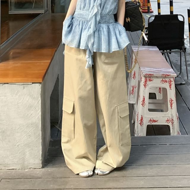 Plain High Leg Halter / Pants Cargo Patterned Ruffle Waist Print Top Wide