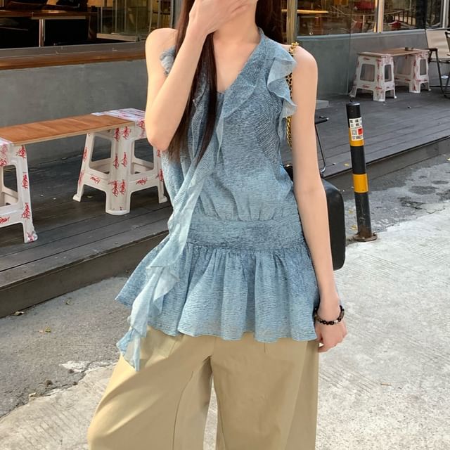 Plain High Leg Halter / Pants Cargo Patterned Ruffle Waist Print Top Wide