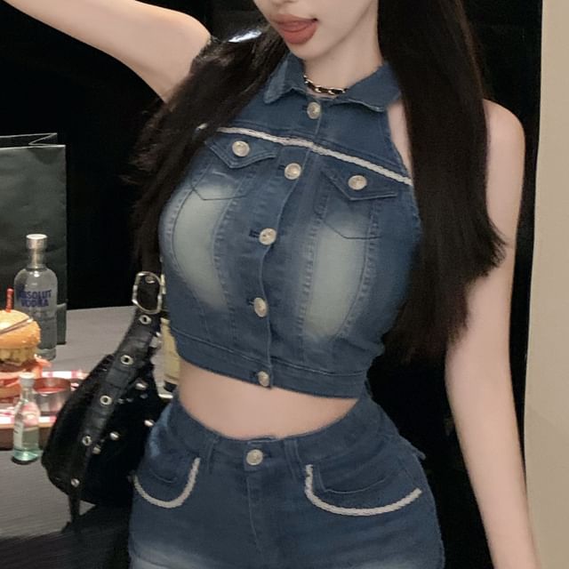 Crop Washed Collared Pencil Button Vest Skirt Mini High Denim Waist /