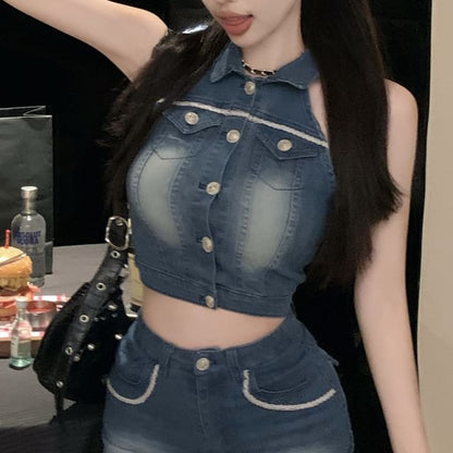 Crop Washed Collared Pencil Button Vest Skirt Mini High Denim Waist /