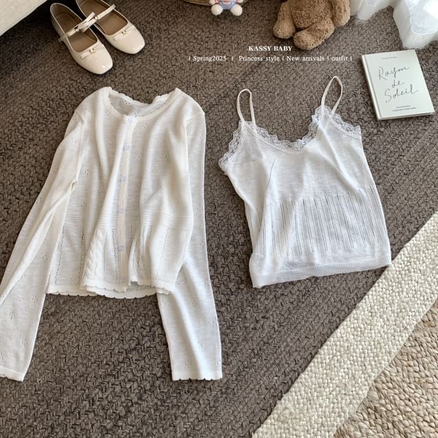 Cardigan Lace Round Trim Neck Set: + V-Neck Knit Camisole Top Plain