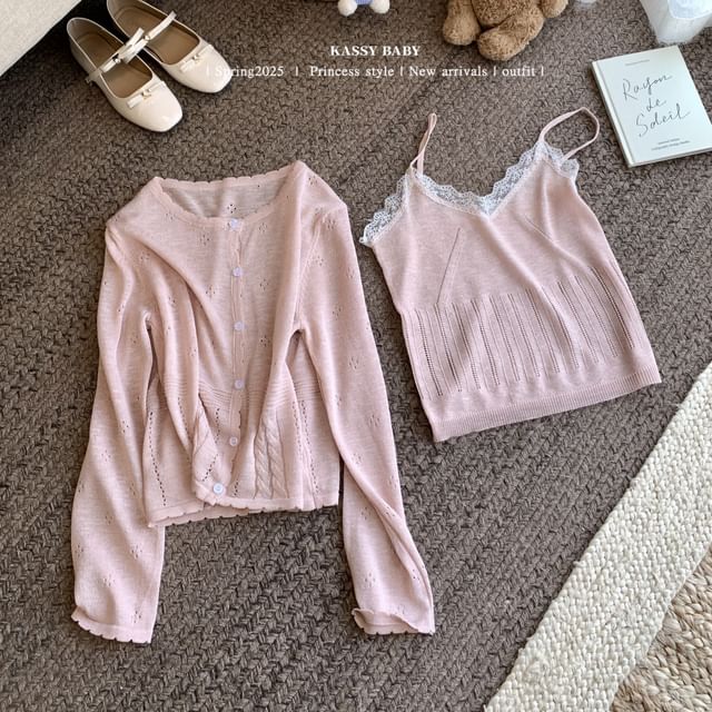 Cardigan Lace Round Trim Neck Set: + V-Neck Knit Camisole Top Plain