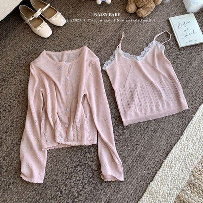 Cardigan Lace Round Trim Neck Set: + V-Neck Knit Camisole Top Plain