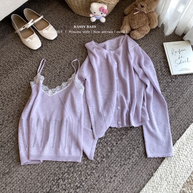 Cardigan Lace Round Trim Neck Set: + V-Neck Knit Camisole Top Plain